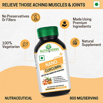 NUTRiHERBS Nano Curcumin plus 500mg 60 Capsules with Haldi (Turmeric) Extract Anti-Inflammatory, Support Joints, Immunity & Skin