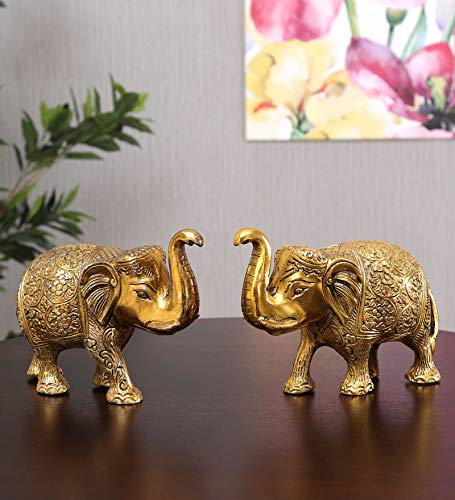 Metal Elephant Statue Small Size Gold Polish 2 pcs Set for Your Home,Office Table