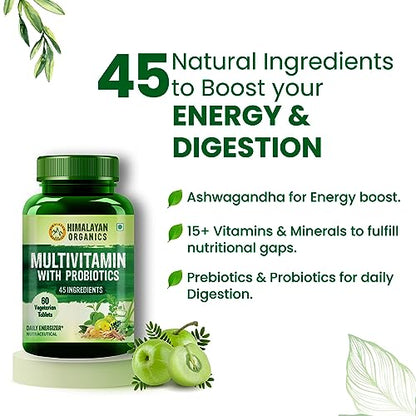 Himalayan Organics Multivitamin With Probiotics - 45 Ingredients Supplement For Men And Women | VitaBone & Joint Support | Gut health - 60 Veg Tablets