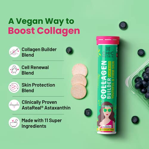 CHICNUTRIX Plant Based Collagen Builder|Vitamin C&E With Biotin|Bamboo&Acerola Extract|Skin Cell Reng Skin|60 Blueberry Flavoured Effervescent Tablets