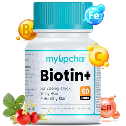 myUpchar ayurveda Biotin+ for Hair Growth | Supplement For Strong & Thick Hair | Glowing Skin, Fight Iron & Zinc | For Men & Women | 60 Biotin Tablets