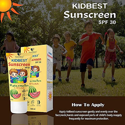 HealthBest Kidbest Sunscreen for Kids | SPF 30 UVA/UVB | Safe for Sensitive Skin | Tear, Paraben, SLS free | Watermelon Flavor | 100ml