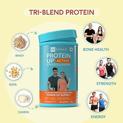 HealthKart HK Vitals ProteinUp Active,All in one triple blend protein for Strength, Immunity, and Stress-Relief (Chocolate, 400 g / 0.88 lb)