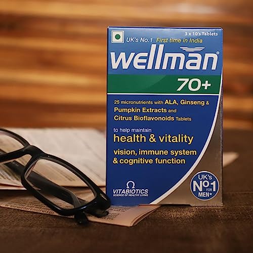 wellman 70+ multivitamin tablets for men over age 70 years with Pumpkin seed extract,vitamin D, B6, n, Immune Health Gluten free vegetarian 30 tablets