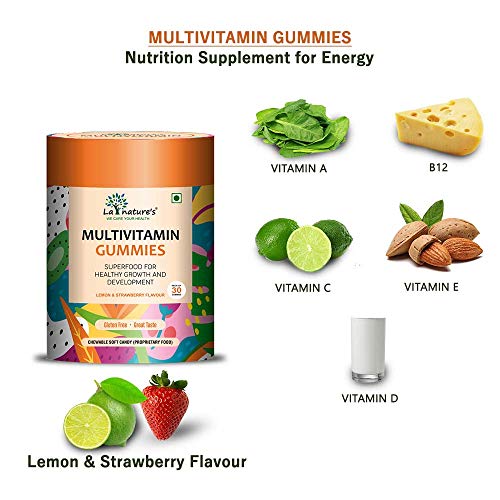 La Nature's Multivitamin Gummies with Essential Nutrients (Vitamin A, C, D, E, B12) for Kids- Lemon & Strawberry Flavour - 30 Gummy