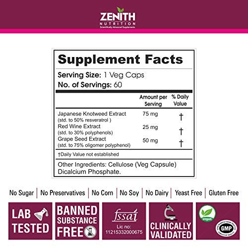 Zenith Nutrition Resveratrol,Grapeseed Ext & Redwine Extract - 120 Capsules (60 Capsules X 2 Bottles) | Lab tested