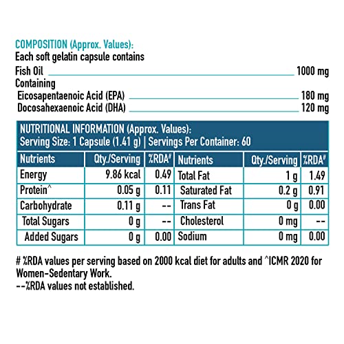 HealthKart HK Vitals Salmon Omega 3, 1000mg Omega 3 Fish Oil with 180mg EPA & 120mg DHA, For Joints, Brain, and Eyes Health, 60 Capsules