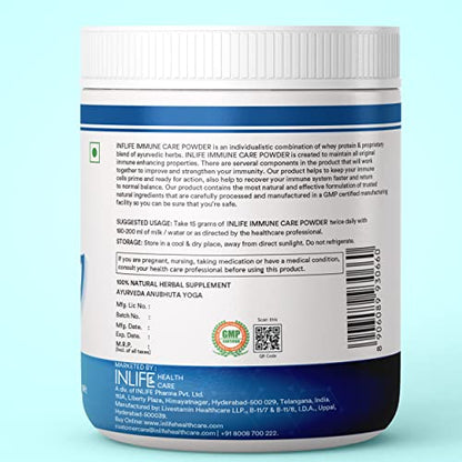 INLIFE Immune Care / Booster Protein Powder, Whey Protein with Ayurvedic Herbs, Turmeric, Guduchi, Tulasi, Colostrum - 300g (Vanilla)