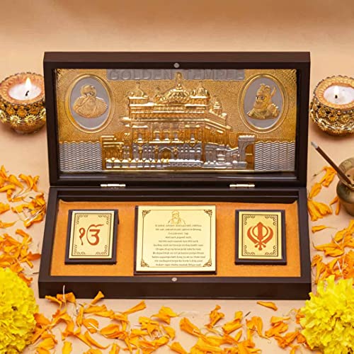 INTERNATIONAL GIFT Gold Plated Golden Temple God Idol with Charan Paduka | Devotional Prayer Box (13H X 21W X 11.5L Centimeters)