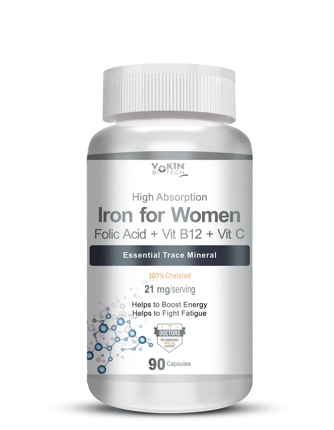 Vokin Biotech Iron Supplement for Women -100% Chelated - With Vitamin B12, Folic Acid & Vitamin C for High Absorption (90 Veg Capsules)