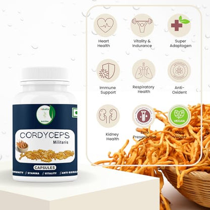 Cordyceps mushroom capsule (Cordy militaris) from Advaita Nutrition for Immunity, Strenght, Power,sta of man and women Pack of 60 (500mg) Veg Capsules