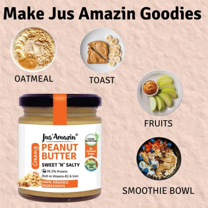 Jus' Amazin Creamy Organic Peanut Butter – Sweet n Salty (200g) | 26% Protein | Zero Chemicals | Vegan | Dairy Free