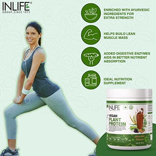 INLIFE Vegan Plant Based Protein Powder 24g Protein with Ashwagandha Green Tea & Grape Seed Digestive Enzymes Bodybuilding Supplement, 500gm