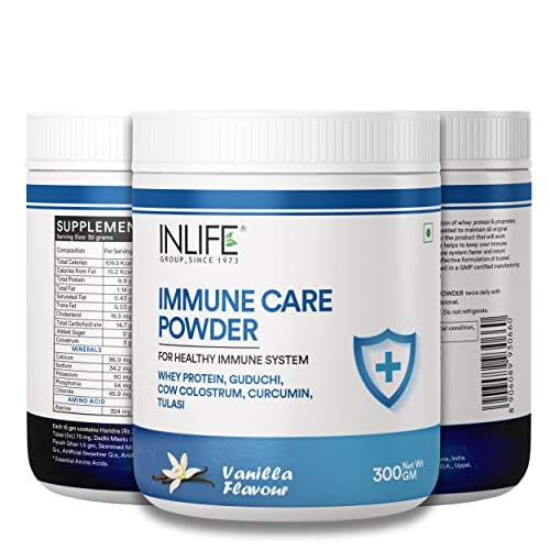 INLIFE Immune Care / Booster Protein Powder, Whey Protein with Ayurvedic Herbs, Turmeric, Guduchi, Tulasi, Colostrum - 300g (Vanilla)