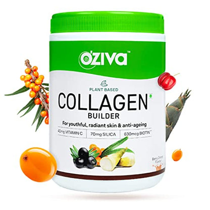 OZiva Plant Based Collagen Builder, Berry Orange, 250g for Glowing & Youthful Skin | With Biotin, Silica & Vitamin C