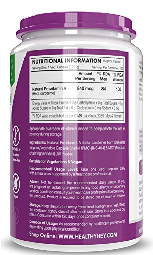 HealthyHey Nutrition Natural Vitamin A from Beta Carotene, Non Synthetic/GMO, 0mcg Veg Capsules, 120 Count