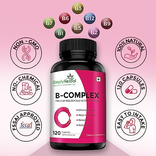 Simply Herbal Vitamin B Complex Capsules Vitamin B12 B1, B2, B3, B5, B6, B7, B9, Methylcobalamin, Biabolism & Support Healthy Brain Function Pack of 2