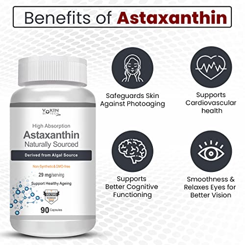 Vokin Biotech Astaxanthin 29mg - Naturally Sourced from Algae - Non-Synthetic - Best or Healthy Ageing - 90 Capsules