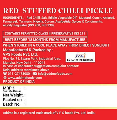 Add Me Red Stuffed Chilli Pickle 500gm Home Made lal mirch mirchi ka Bharwa Indian achar Pickles in Mustard Oil