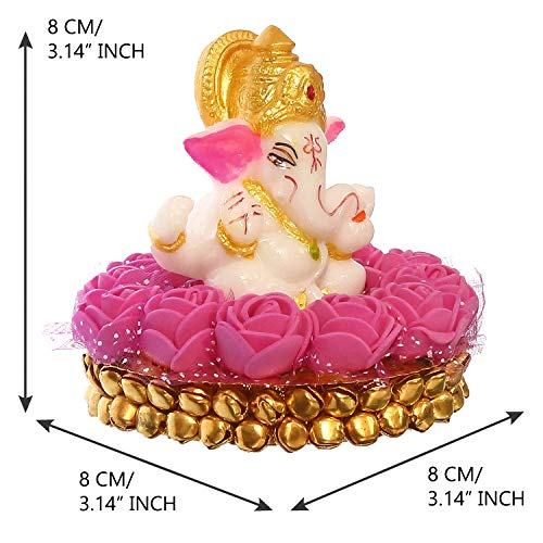 eCraftIndia Lord Ganesha Idol on Decorative Handcrafted Plate with Pink Flowers