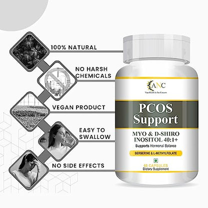 ANC PCOS Supplement - 40:1 Ratio 2000mg Myo-Inositol to 50mg with PCOS Vitamins & Minerals, 60 Capsules