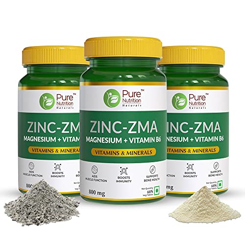 Pure Nutrition Naturals Zinc ZMA Supplement 850mg with Magnesium + Vitamin B6 for Men & Women to Boopport Muscle Strength - 60 Veg Tablets (Pack of 3)