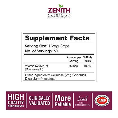 Zenith Nutrition Vitamin K2 as MK7-55 mcg - 60 Veg Capsules | Supports Bones| Promotes Heart Health