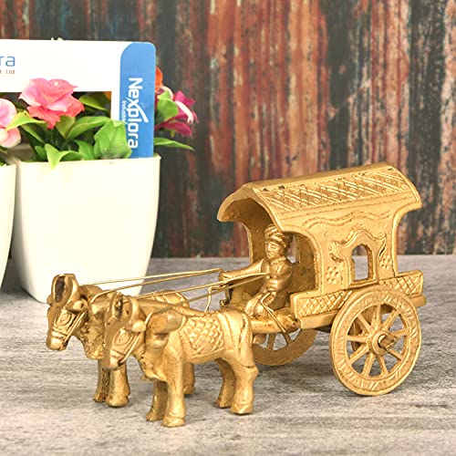 Nexplora Industries Pvt. Ltd. Brass Bullock Cart Showpiece Statue for Home Decor Gift, 11 cm Tall, Golden