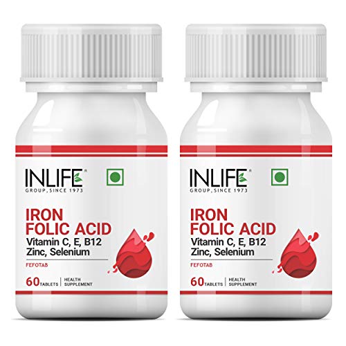 INLIFE Chelated Iron Folic Acid Supplement with Vitamin C, E, B12, Zinc & Selenium for Men Women - 60 Tablets (2 Pack)