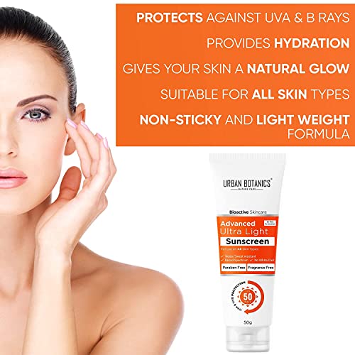 UrbanBotanics Advance Ultra Light Sunscreen SPF 50 PA+++ - Oil Free - For Men & Women, 50g