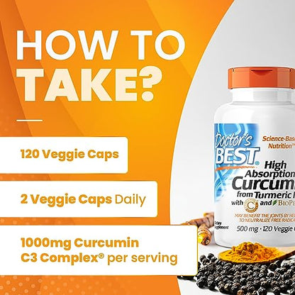Doctor's Best | High Absorption Curcumin From Turmeric Root with C3 Complex & BioPerine | 500mg | 120 Capsules