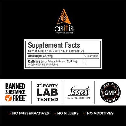 Asitis Nutrition Caffeine 200mg, 60 Capsules | Zero Fillers | Lab-Tested