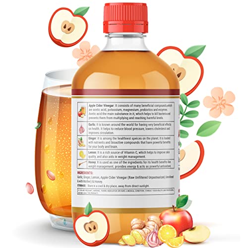 INLIFE Apple Cider Vinegar with Garlic Ginger Lemon Honey & Mother Vinegar Raw Supplement for Skin, Hair & Weight Management - 500 ml