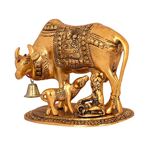 Collectible India Metal Kamdhenu Cow with Calf Showpiece, 7.5 x 7 x 5.5 Inches, Golden