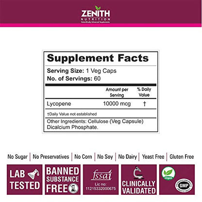 Zenith Nutrition Lycopene - 10000mcg- 60 Capsules | Lab tested