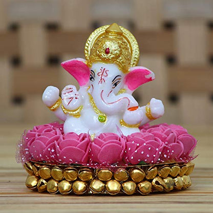 eCraftIndia Lord Ganesha Idol on Decorative Handcrafted Plate with Pink Flowers