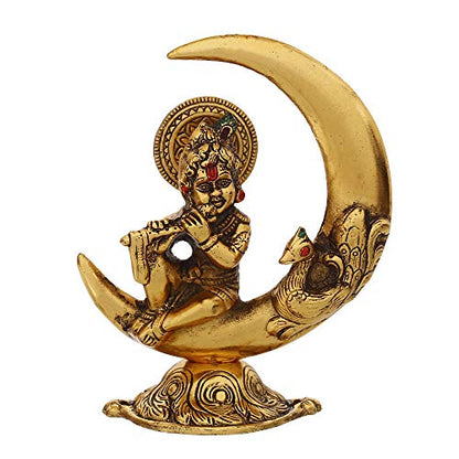 Golden Metal Handcrafted Lord Krishna Idol Playing Flute and Sitting On Half Moon Decorative Showpiece