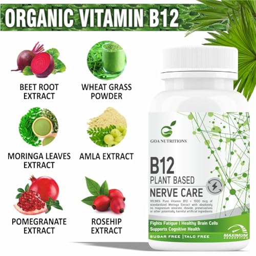 GOA NUTRITIONS Vitamin B12 Supplements For Men And Women, Methylcobalamin (Vit B 12), B1, B3, B5, B6pplement 1500mcg-60 Tablets (Plant Based Vitamins)