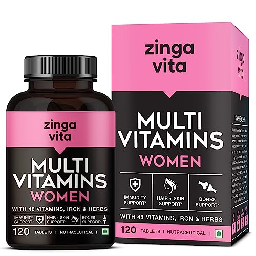 Zingavita Multivitamin for Women - 120 Tabs with 45+ Vit, Calcium, Fe & Herbal Extracts for Hair & Skin, Energy, & PMS Support | 1 Daily