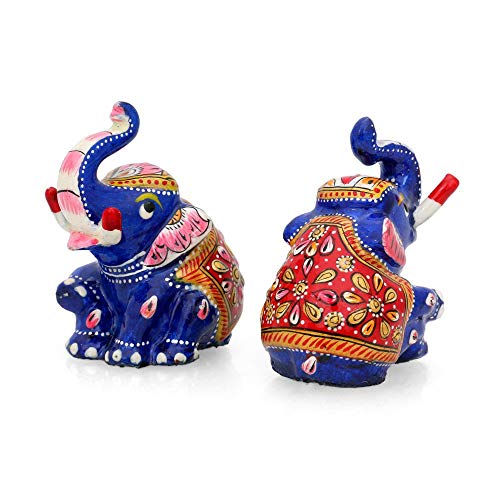 Collectible India Lucky Elephant Pair Figurines Trunk up, Metal Painted Meenakari Handpainted Animal Decor Statue