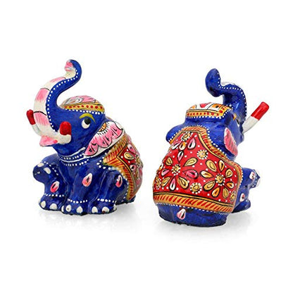 Collectible India Lucky Elephant Pair Figurines Trunk up, Metal Painted Meenakari Handpainted Animal Decor Statue