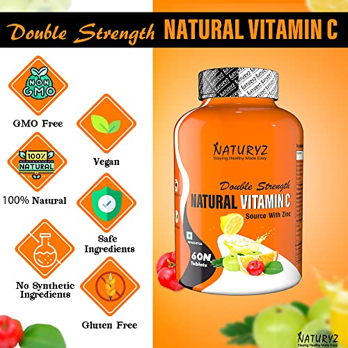 Naturyz Double Strength Natural Vitamin C & Zinc Supplement 1250 mg with Amla, Acerola Cherry, Citrummunity Support & Skincare (60 Vegetarian tablets)