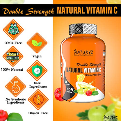 Naturyz Double Strength Natural Vitamin C & Zinc Supplement 1250 mg with Amla, Acerola Cherry, Citrummunity Support & Skincare (60 Vegetarian tablets)