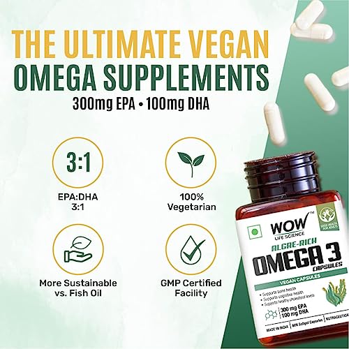 WOW Life Science Algae-Rich Omega 3 Capsules-Pack of 60 Vegetarian Capsules - EPA + DHA Enriched Vegan Capsules