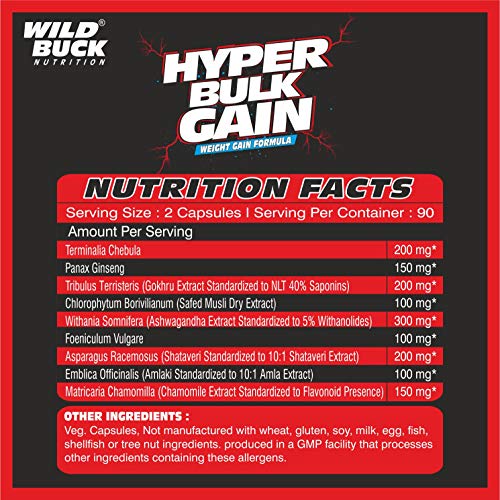 Wild Buck Hyper Bulk Gain Mass & Weight Gainer Capsule, Daily Muscle Building For Men & Women- 90 Cap.