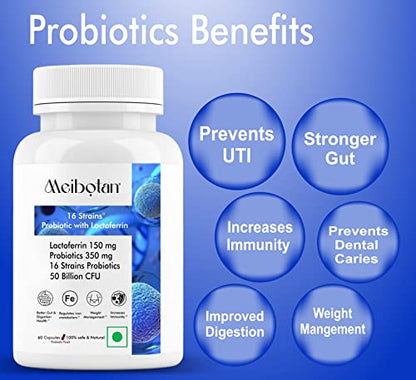 Meibotan lactoferrin supplement with Probiotics 50 Billion CFU For Men & Women with 16 Strains - Stilism, Digestion, Immunity Support- 60 Veg Capsules