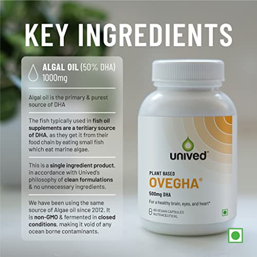Unived Ovegha Vegan Omega-3 DHA | 1000mg Algae Oil 500mg DHA Per Serving (highest DHA/serving) | forkin, Joint, Brain & Eye Health | 60 Vegan Capsules