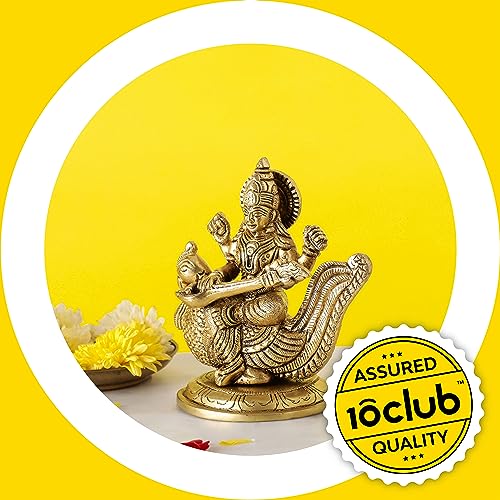 10Club 100% Pure Brass Goddess Saraswati Idol | Saraswati Sitting on a Peacock for Desk and Home Decor | Yellow Antique Finish