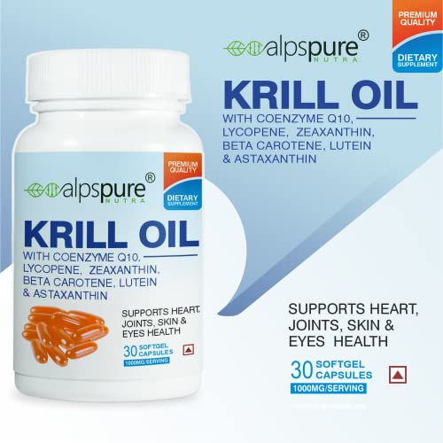 Alpspure Nutra Krill Oil 1000 mg Softgel Capsules | Krill Oil supplement Supports Heart, Joints, Skin & Eyes health (pack of 1)