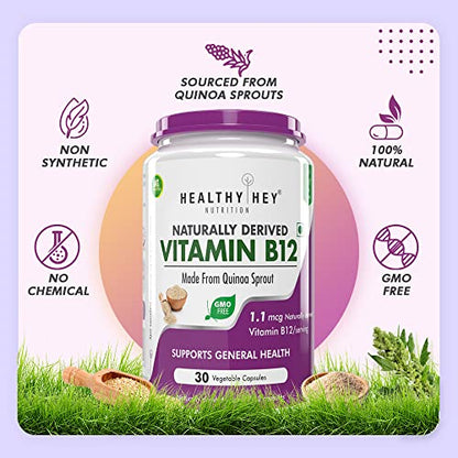 HealthyHey Nutrition 100% Natural Vitamin B12 - Support Immune Health | Non-Synthetic, No-Chemical | 30 Veg. Capsules